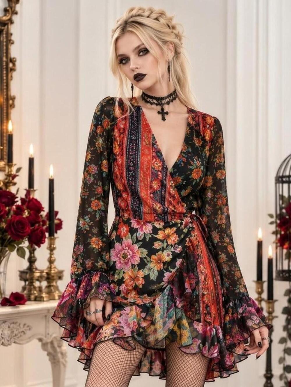 Free People Magic Hour Wrap Top Black Combo Floral Gothic Boho Ruffle Tunic Sz L